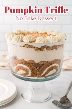 pumpkin trifle no bake dessert in a glass dish on a white counter top