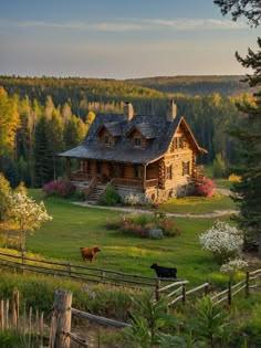 a log cabin sits in the middle of a lush green field surrounded by tall trees