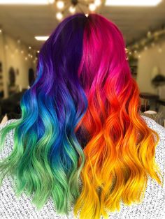 Split Rainbow Hair, Dark Vivid Hair, Pride Hair Color, Halo Hair Colors, Hairdressing Training, Split Dyed Hair