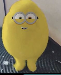 a large yellow stuffed animal with glasses on it's face and eyes, standing in front of a wall