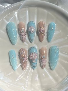 Mermaid Press On Nails, Yacht Nails, Ocean Acrylic Nails, Kokoist Nails, Seaside Nails, Nail Lengths, Seashell Nails, Beachy Nails, Cute Simple Nails