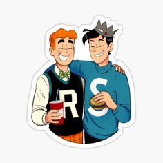 two men are standing next to each other and one is holding a hamburger in his hand