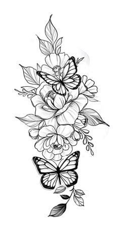 a black and white drawing of flowers with butterflies flying around the bottom half of it