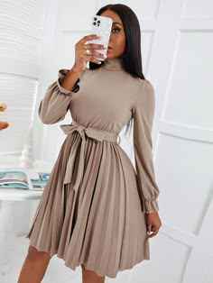 Apricot Elegant  Long Sleeve Polyester Plain A Line Embellished Slight Stretch Spring/Fall Women Dresses Fall Office Outfits, Striped Tunic Dress, Church Fits, Church Clothes, Church Fashion, Brunch Dress, Church Outfit, Professional Outfits Women, Cute Modest Outfits