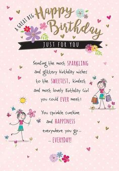 a pink birthday card with two girls holding hands and the words, happy birthday just for you