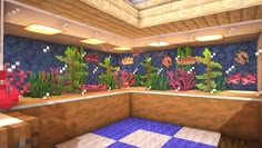 a room with plants and flowers on the wall, in pixel art style for minecraft