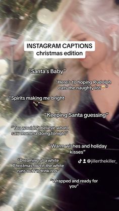 a woman in a black dress is looking at her cell phone with the caption instagram captions christmas edition santa's baby