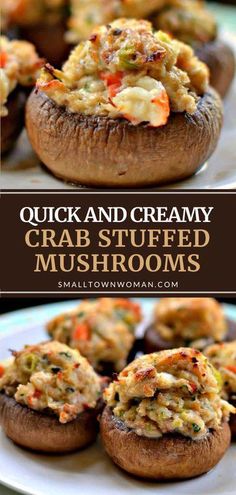 crab stuffed mushrooms on a plate with text overlay