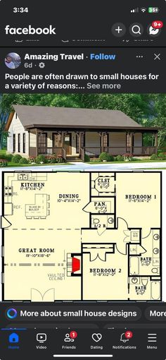 the floor plan for a small house is shown on an iphone screen and in another app