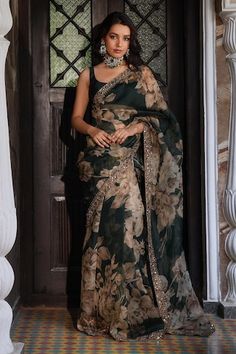 Bottle green organza saree with floral print and thread embroidered borders. Comes with a padded blouse. - Aza Fashions Luxury Green Pre-draped Saree With Resham Embroidery, Luxury Intricately Embroidered Saree Fabric, Luxury Unstitched Floral Print Saree, Luxury Traditional Blouse Piece With Floral Print, Luxury Saree Sets With Printed Motifs, Luxury Handloom Organza Saree, Luxury Black Saree With Floral Embroidery, Luxury Georgette Saree For Transitional Season, Luxury Traditional Embroidered Saree Dress