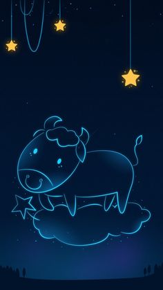 a drawing of a hippo laying on top of a cloud with stars hanging from it's sides