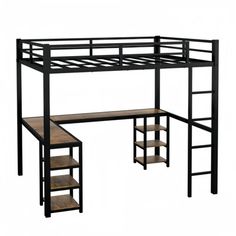 a black loft bed with stairs and desk underneath it, against a white background or backdrop