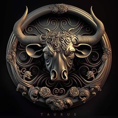 a bull's head is in the middle of a circle with flowers on it