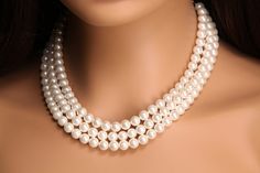 "3 line Pearl Necklace, White South Seashell Pearl 8mm Round 3 line Statement Necklace with 2\" ext clasp  Bridal, Gift for Her 16\" count for the longest length .. (16\" necklace would be 15\"-16\" long 3 line plus 2\" extension clasp  Gift box included" Hollywood Sweet 16, Layered Pearl Necklace, 16 Necklace, Necklace Gift Box, Bridal Gift, Necklace White, Wedding Jewellery Necklace, Wedding Necklace, Gift Necklace