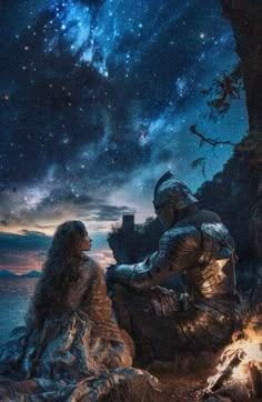 a man and woman sitting next to each other in front of a night sky filled with stars