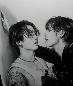 a pencil drawing of two people looking at each other