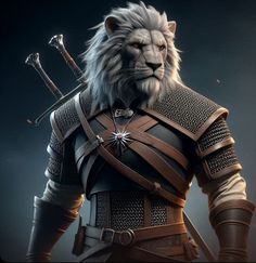 the lion is dressed in armor and holding two swords with his head turned to look like he's ready for battle