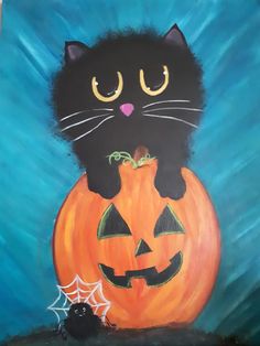 a painting of a black cat sitting on top of a jack - o'- lantern