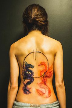 a woman with a dragon tattoo on her back and behind her is a black background