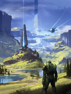 an image of a sci - fi scene with spaceships in the sky and mountains