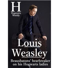 a man in a suit and tie sitting on top of a suitcase with the words louis weasley