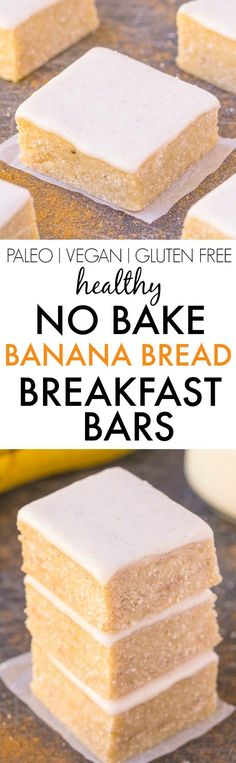 no bake banana bread breakfast bars are stacked on top of each other