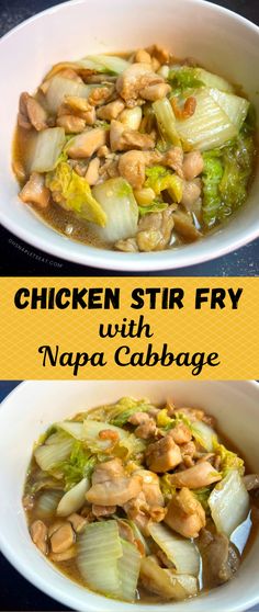 chicken stir fry with napa cabbage in a white bowl