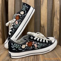 Embroidery Canvas Shoes, Sneakers Embroidery, Converse Custom Art Low Top, Embroidered Low Converse, Black Sneakers With Floral Embroidery, Embroider Shoes, Wedding Low-top Sneakers With Floral Embroidery, Converse Floral Embroidery, Black Low-top Sneakers With Floral Embroidery