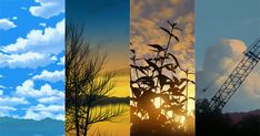 four different pictures with trees and clouds in the background, one is an image of a crane