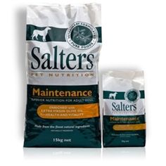 two bags of salters dog food sitting next to each other