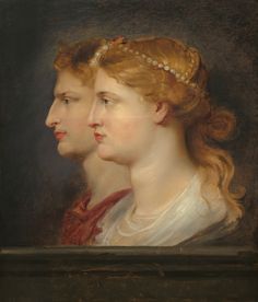 an oil painting of two women in profile, one with red hair and the other without