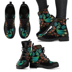 Cruise through any season with style and comfort with our new luxury designer peacock boots! Features vegan-friendly PU leather with a double-sided print and rounded toe construction. Lace-up closure for a snug fit. Waterproof material to make sure you easily cruise through any season! Soft textile lining with sturdy construction for maximum comfort. High-quality rubber outsole for traction and exceptional durability. Every Purchase directly contributes to save the elephants: Our Promise First C Bohemian Embroidered Round Toe Boots, Boots With Butterflies, Peacock Painted Shoes, Multicolor Embroidered Boots, Peacock Miraculous, Peacock Shoes, L'artiste Boots, Plastic Boots, Save The Elephants