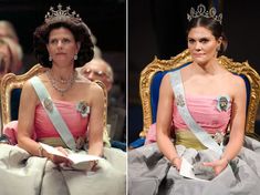 two pictures of the same woman wearing tiara and sitting on a chair, one in pink