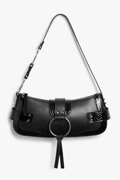 Your 00s look is sorted with this stand up shoulder bag! Featuring silver studs, an O-ring, and faux croc detailing <3Magnetic closure.PETA-approved vegan.Measurements: 29 x 12 x 4,5 cm.Strap length: 55 cm. Leather Bag Design, Different World, A Different World, Leather Platform Sandals, Black Aesthetic, O Ring, Silver Studs, Oversized Tshirt