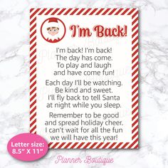 an elf's letter to santa is displayed on a white marble background with the text i'm back