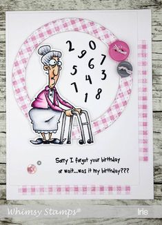 a birthday card with an elderly woman holding a walker's cane and numbers on it