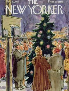 the new yorker magazine cover shows people standing around a christmas tree and talking to each other