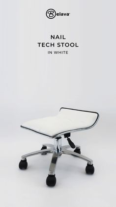 White nail tech stool with a low pump. Stool has a beautifully eye catching contemporary look. The seat has a soft curved cushion, a minimal backrest with a waterfall edge seat, upholstered in white faux leather which goes perfectly with the chrome frame. White Nail, Chrome Frame, White Nails