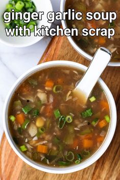 two white bowls filled with soup on top of a wooden cutting board next to another bowl