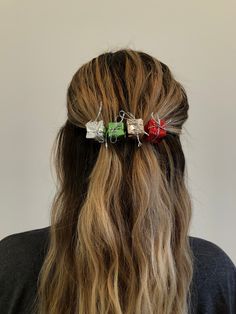 "Four colorful miniature wrapped Christmas gifts set on a silver tone hair clip. French barrette will hold even thick hair without slipping!  Perfect for ugly sweater parties, Christmas in July and holiday parties! Approximately 3\" long by 0.75\" tall." Nutcracker Hair Bow, Christmas Tree Hair, Waterfall Hairstyle, Holiday Hair Accessories, Embroidered Hair Bows, Classic Glamour, Christmas Hair Accessories, Toddler Hair Bows, Handmade Hair Clip