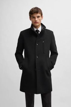 BOSS - Slim-fit coat in wool and cashmere Men’s Wool Coat, Wool Coat Black, Hugo Boss Men, Black Coat Men, Mens Wool Coats, Stand Collar Coat, Slim Fit Coat, Gray Wool Coat, Formal Coat