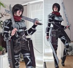 two photos of a woman dressed in armor and holding swords