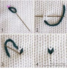 four pictures showing how to crochet an arrow