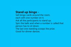 the words stand up bingo are written in black on a blue background with white lettering