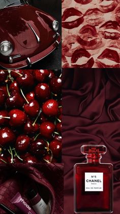 the collage shows different shades of red and purple, including cherries in front of an oval - shaped object