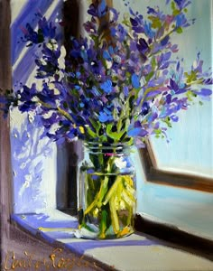 a painting of blue flowers in a glass jar