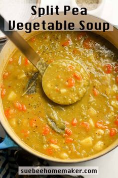 a ladle full of split pea vegetable soup