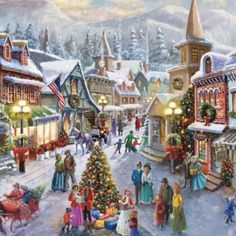 a painting of people walking around a christmas town