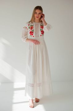 Handmade Ukrainian Dress, Long Folk Wedding Dress, Poppy Flower Embroidered Dress, Ivory Evening Dress - Etsy