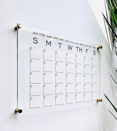 a calendar hanging on the side of a white wall next to a potted plant